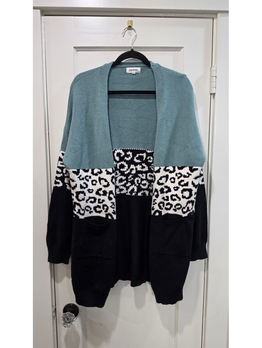 ADORA Colorblock Leopard Print Cardigan Sweater Large
